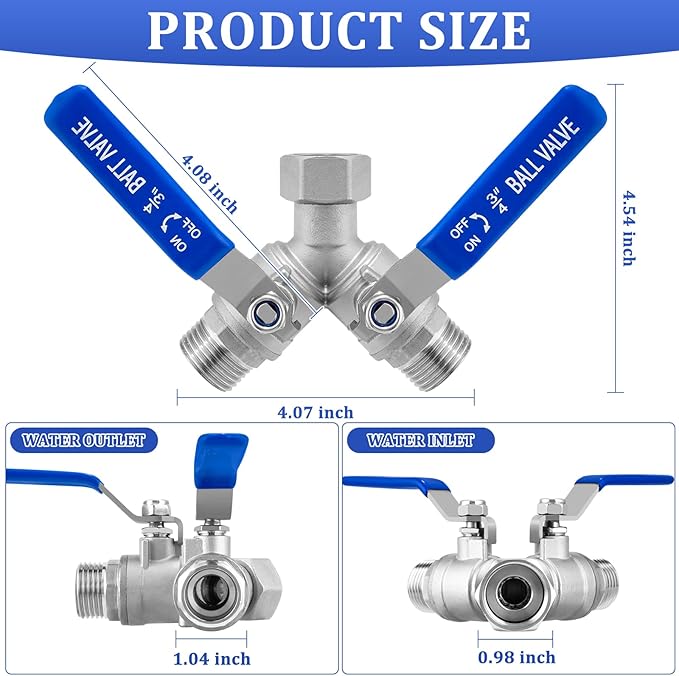 Garden Hose Splitter, 304 Stainless Steel 2 Way Heavy Duty Water Hose Splitter with Long Handle, Water Hose Y Spigot Splitter with Shutoff Valves, 3/4" GHT Thread Outdoor Faucet Splitter