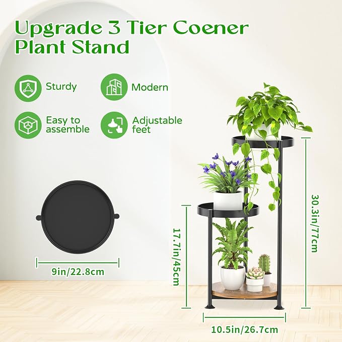 Oppro 3 Tier Plant Stand Indoor Outdoor, Corner Tierd Metal Flower Shelf Pot Holder Clearance, Tall Multiple Plants Rack Narrow Display Organizer for Patio Orchid Office Porch Living Room Garden,Black