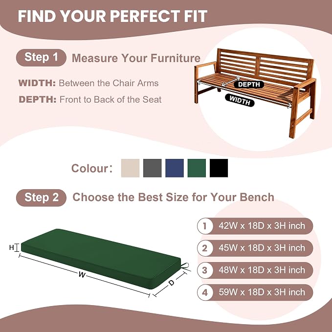 Outdoor Bench Cushions for Outdoor Furniture, 59x18 Inch, Waterproof Patio Furniture Cushion, Fade Resistant Bench Cushions for Porch Swing, Long Bench, Indoor, Dark Green
