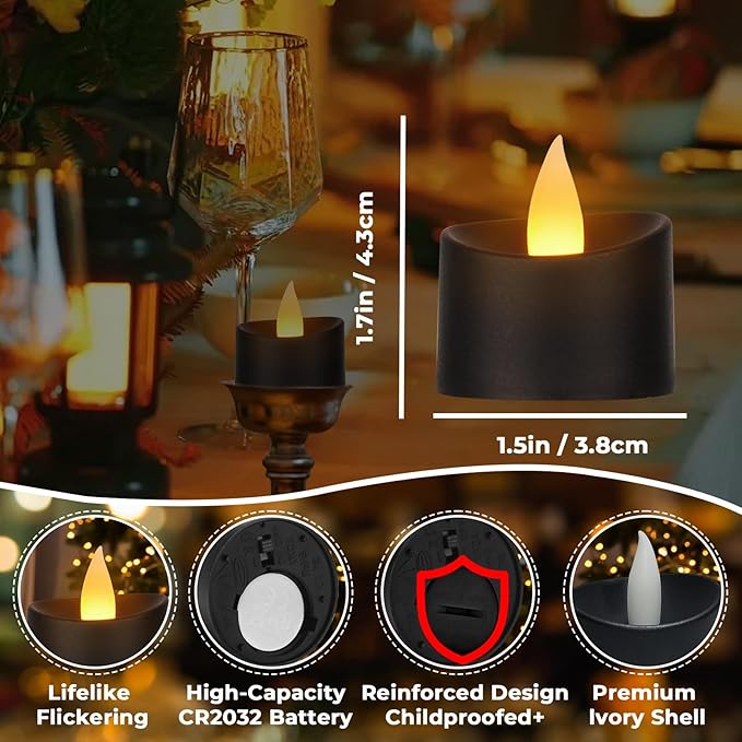 Black Flameless LED Tea Lights - 50 Pack Heavy-Duty LED Tea Lights for Large Memorials, Weddings, Events & Commercial Use (Black Base, 50 Pack)