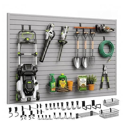 SMARTSTANDARD Slatwall Panel 4x8 FT, Garden Wall Organizer with 31 Garden Tool Hooks & Baskets,Heavy Duty PVC Slat Wall Panels for Gardening, Easy to Install & DIY Cutting (Gray)