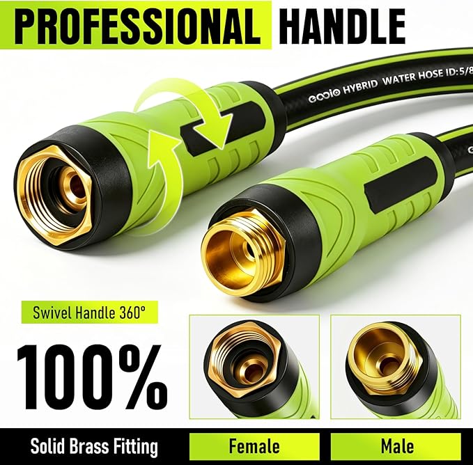 Garden Hose 25ft x 5/8", Heavy Duty Water Hose, Flexible and Durable, Kink Resistant Lightweight Hybrid Hose, Leakproof Yard Hose with Male to Female Fittings