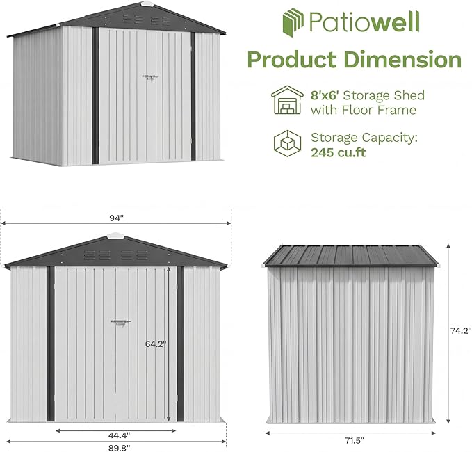 Patiowell 8x6 FT Outdoor Storage Shed with Floor Frame, Metal Garden Patio Sheds with Sloping Roof and Lockable Door, Waterproof Steel Tool Shed for Backyard Garden Lawn, White