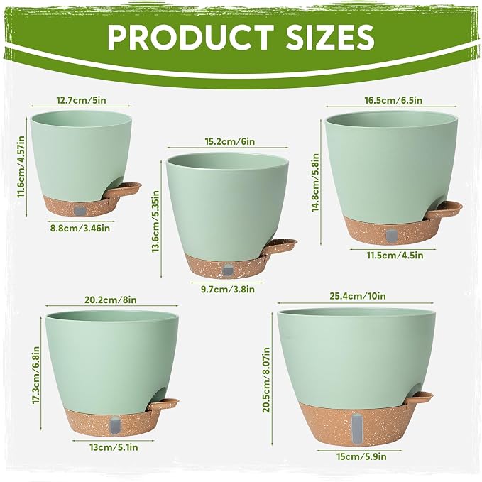 Self-Watering Pots for Indoor Plants with Visible Water Window,5/6/6.5/8/10 Inch Outdoor Flower Pots with Drainage Holes & Reservoir for Patio, Home Decor (Green)