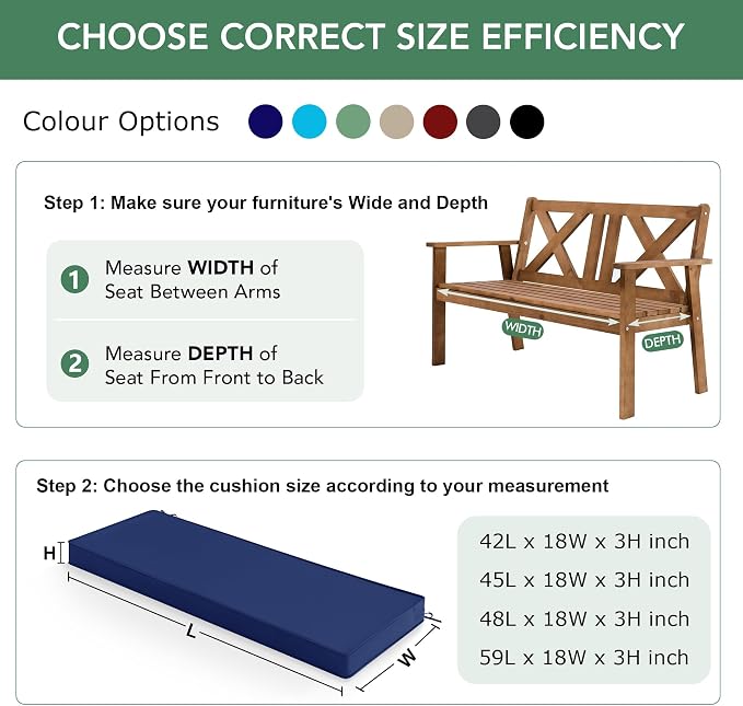 Summsun Outdoor Bench Cushion: Waterproof and Fade Resistant Patio Furniture Cushions - Non-Slip Bench Pad Cushion with Removable Cover for Garden Swing Porch Sofa Settee, 42 x 18 Inch, Navy Blue