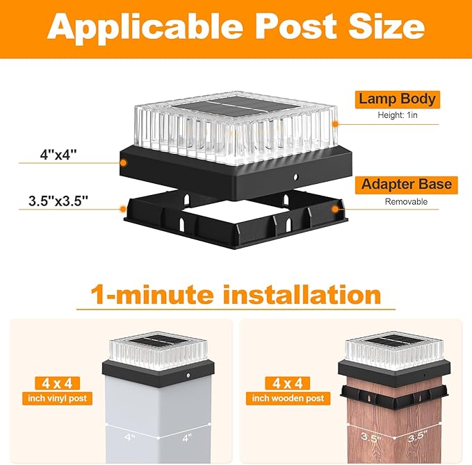 VOLISUN Solar Fence Post Cap Lights, 4x4 Solar Post Cap Lights for Fence Posts, Outdoor Post Lights Solar Powered Deck Post Lights for Outside, IP64 Waterproof Warm Light with Vertical Stripe Lens (12