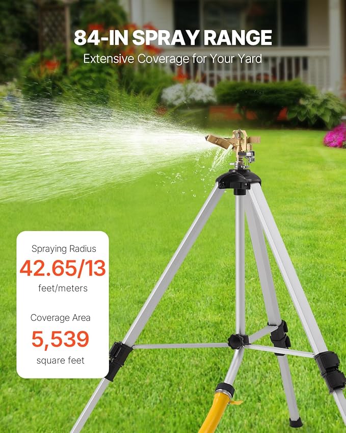 VEVOR Impact Sprinkler on Tripod Base, Heavy Duty Tripod Sprinklers with Brass Head & 3/4" Connector, 360 Degree Large Area Coverage Irrigation Sprinkler, Adjustable Heights, for Yard Gray