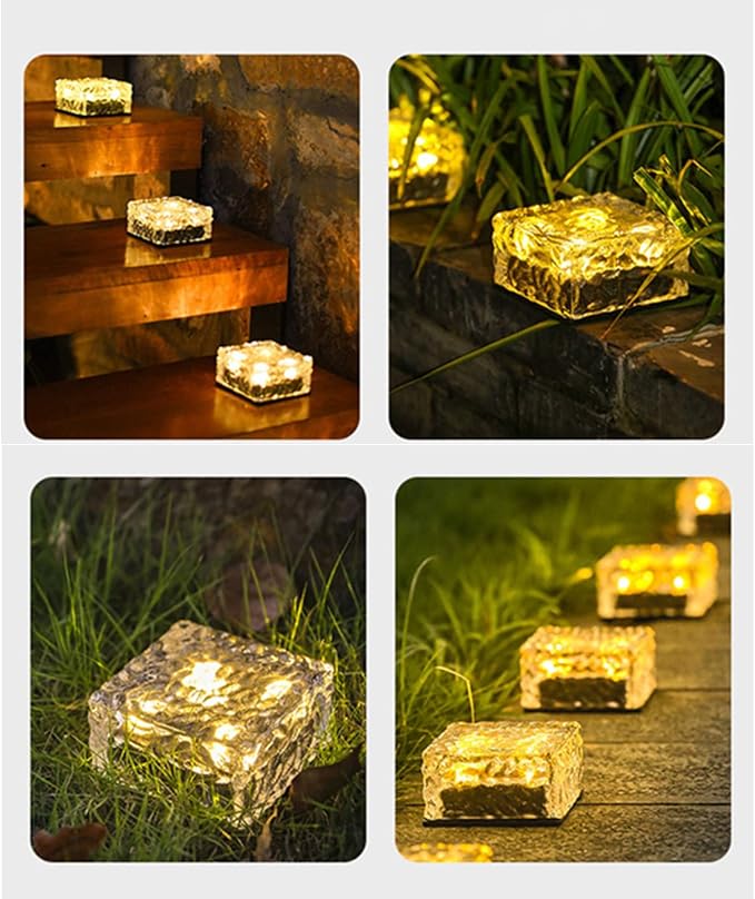 Outdoor 4 Pack Ice Cube Bricks Rocks Lights Solar Powered LED In Ground Pathways Patio Yard Garden Glow Lights Decor
