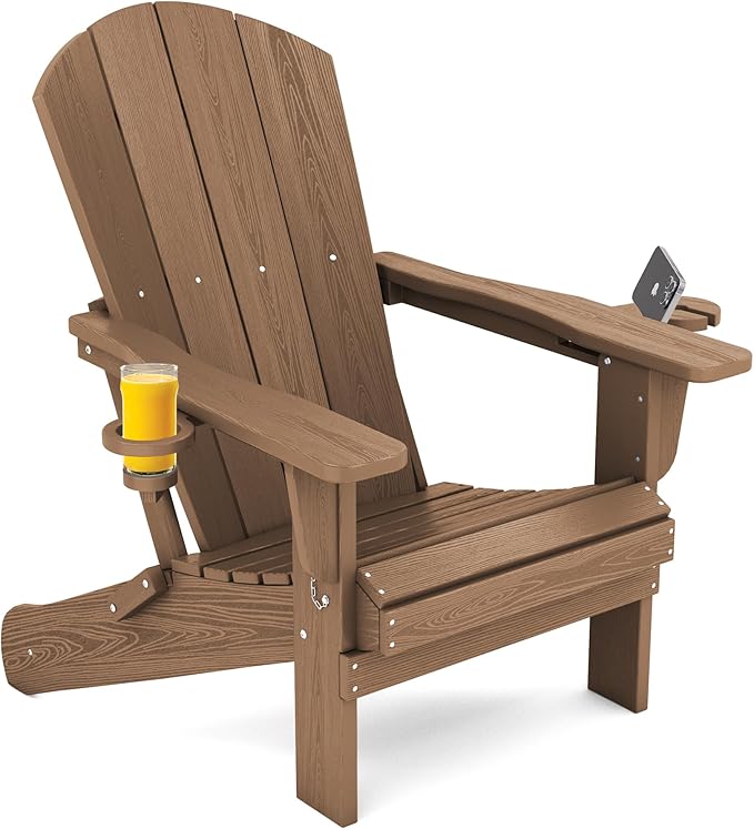 SERWALL Adirondack Chair with Cup Holders - Composite Adirondack Chairs Set of 2 HDPE Outdoor Chairs All Weather Use- Brown