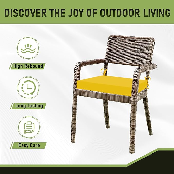 Basic Beyond Outdoor Chair Cushions Set of 2, Square Corner Outdoor Cushions for Patio Furniture, Water Resistant Patio Chair Cushions with 2 Ties, 18.5x16x3, Yellow