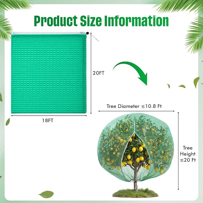 18W x 20L Ft Extra Large Fruit Tree Netting Cover with Zipper and Drawstring, Plant Protection Netting Insect Bird Barrier for Garden Cherry Trees Peach, Keep Birds Squirrels Cicadas Out