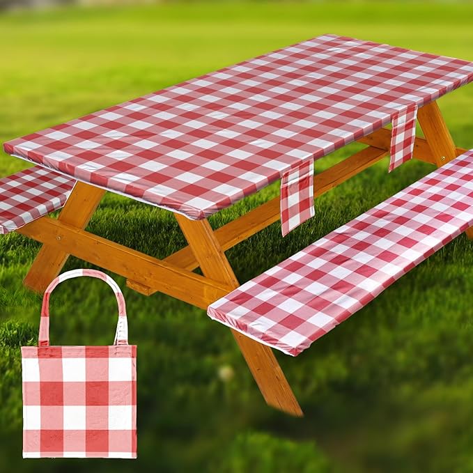 Picnic Table Cover with Bench Covers Vinyl Elastic Edges Fitted Rectangle Seat Tables Waterproof 3-Piece72X30in Set Outdoor Rectangular Folding Backing Tablecloth for Camping Over Size