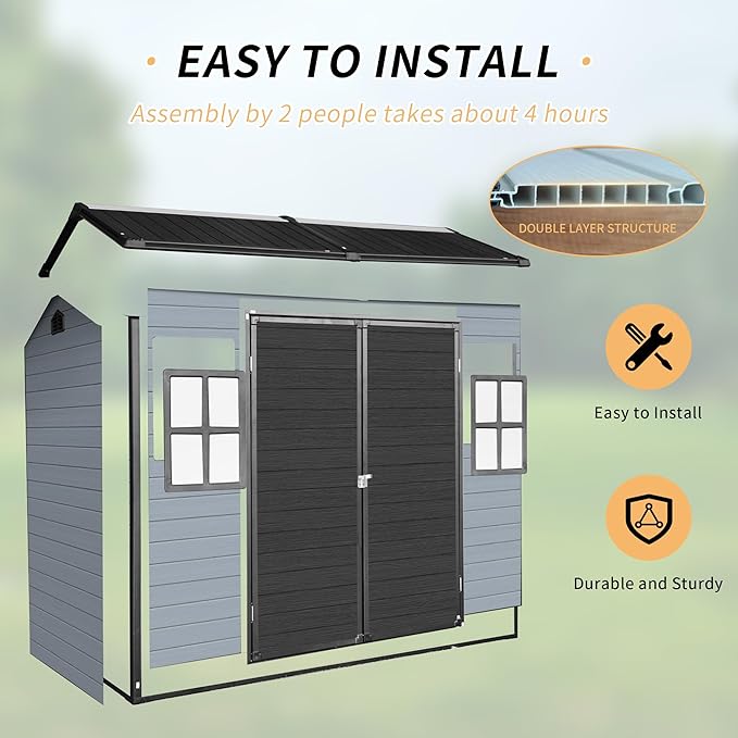 YOPTO 4x8 Ft Resin Outdoor Storage Shed Weather Resistant with Floor,Outdoor Resin Storage Shed W/ 2 Windows,Garden Tool House W/Lockable Door & Slpoed Roof,for Backyard,Patio,Lawn,Gray+Black