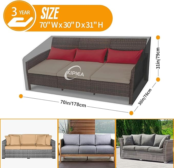 Kipiea Patio Sofa Cover, Heavy Duty Outdoor Couch Covers Waterproof Winter, 2-Seat Patio Furniture Cover Loveseat, Outdoor Sofa Covers with Anti UV and No Tears, No Fading (70"W x 30"D x 31"H)