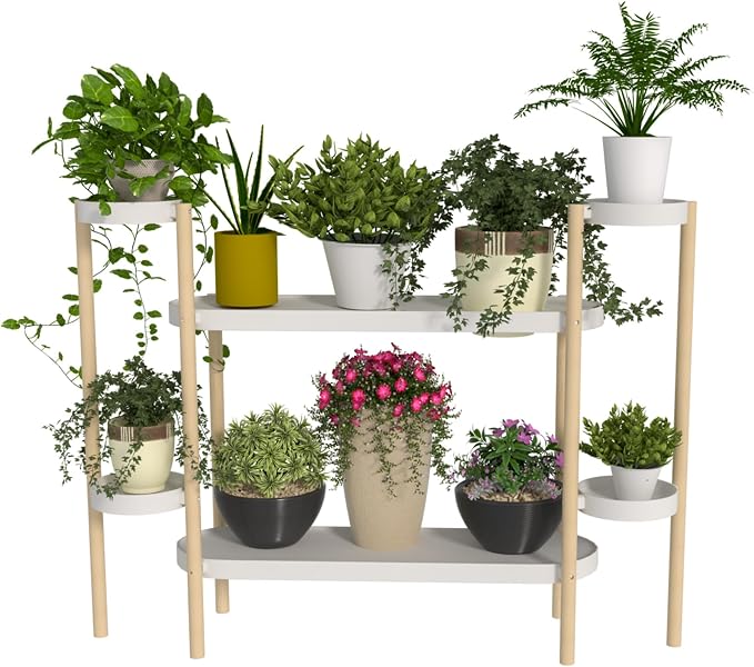 APRTAT Bamboo Plant Stand Indoor, Multi-Level 2 Tier Plant Shelf for Multiple Plants, Wooden Flower Pot Holder for Living Room, Balcony, Window & Patio, Holds 8 Pots, Natural Bamboo (4 Tier Shelf-2)