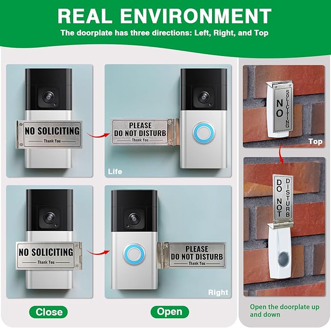 Metal Doorbell Cover No Soliciting Sign for House，Universal Fitting Doorbell Cover That Rotates From NO SOLICITING to DO NOT DISTURB,Flipable No Solicitors Sign for Ring Doorbell, Horizontal & Vertical Mode, Easy Installation，The Gift for Home Offices ...