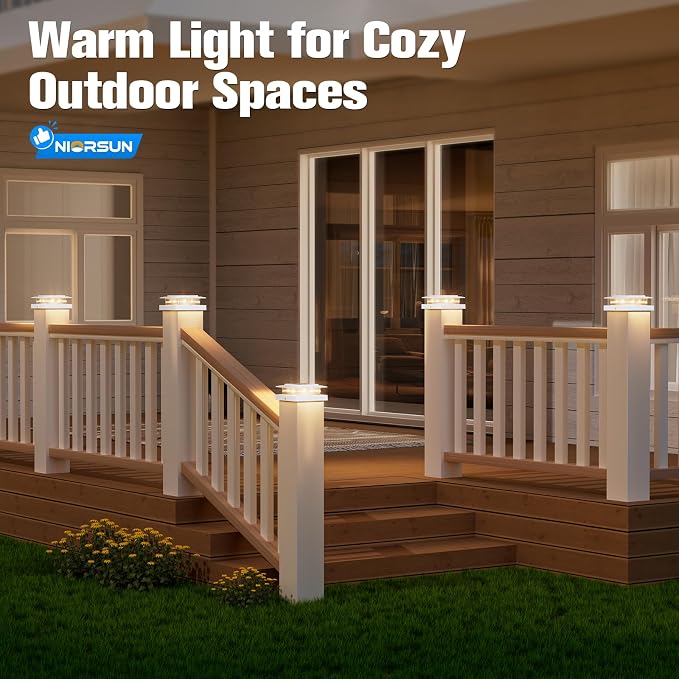 NIORSUN Solar Post Cap Lights Outdoor Waterproof, 4x4 Post Solar Lights 2 Color Modes, Fence Posts Solars Light for Deck Patio Garden Deco, 4x4 Posts Caps Wood Vinyl, 5x5 Vinyl, 6 Pack (White)
