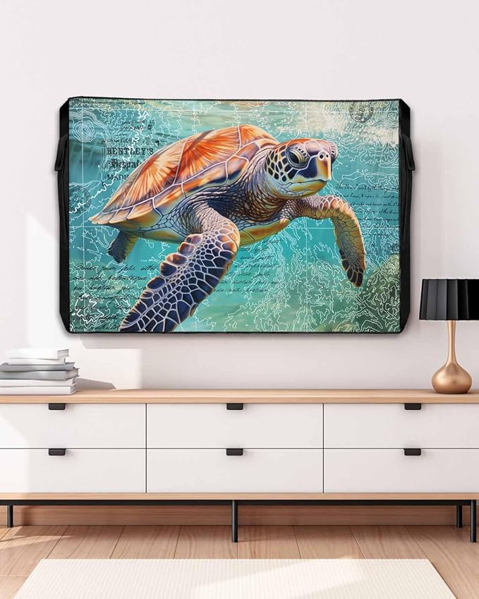 Ocean Sea Turtle Nautical Map Outdoor TV Cover 50 Inch Weatherproof, TV Cover for Outside, 600D Thick Waterproof Outdoor TV Screen Protector Outside TV Cover with Zipper for 48 to 50 inch Screens