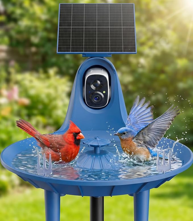 LongPlus Solar Powered Bird Bath Fountain with 2K Camera, Color Night Vision & AI Bird Identification, Outdoor Birdbath with Camera – Gift for Nature Lovers, Parents & Friends