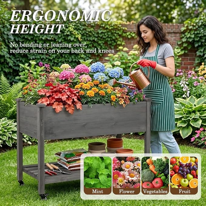 Raised Garden Bed with Lockable Wheels, 48x24x32 inch Elevated Wood Planter with Storage Shelf Protective Liner for Vegetable Flower Herb Outdoor Balcony Patio Backyard, Grey