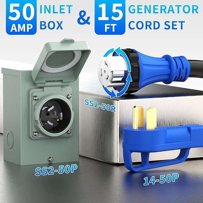 BEBOBLY 50 Amp Power Inlet Box and 15FT Generator Cord, 125V/250V Emergency Power Combo Kit, NEMA 3R Generator Plug, NEMA14-50P/SS2-50R RV Power Extension Cord, Twist Lock, Grip Handle