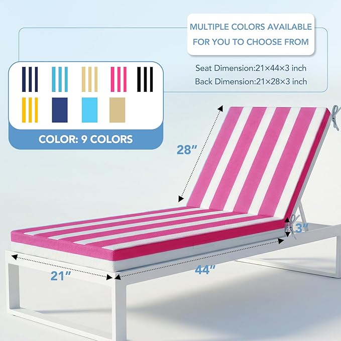 L'AGRATY Outdoor Lounge Chaise Cushion: 72x21x3 Inch Waterproof Lounge Chair Cushion for Outdoor Furniture with Fade Resistant Removable Cover - Patio Cushions for Pool Lawn Deck(Blue White 2Pcs)