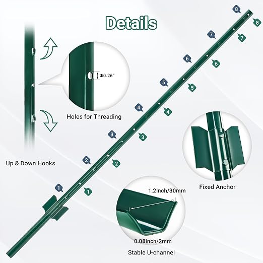 Metal Fence Posts - 10 Pack, 4.8 FT Green Heavy Duty U Posts, No Dig T Posts for Fences Wire Mesh, Perfect for Temporary Fencing, Electric Fence Wire, Corner Anchor