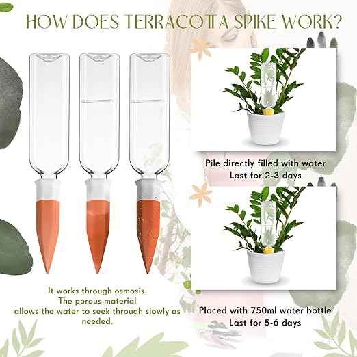 Ziliny 8 Pack Terracotta Watering Spikes Devices, Plant Self Watering Spikes with 25 oz Plastic Wine Bottles, Slow Release Vacation Insert Plant Waterer Devices for Indoor Outdoor