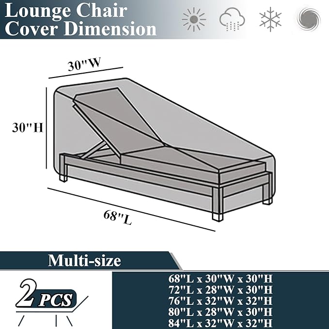 2-Pack Outdoor Chaise Lounge Covers - Waterproof Heavy Duty Patio Furniture Covers, 68" L x 30" W x 30" H, Black & White Stripe