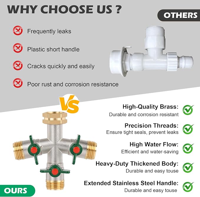 Love is War Brass 3 Way Garden Hose Splitter with Individual Shut Off Valves, Heavy Duty 3/4 Inch Outdoor Water Hose Connector Splitter for Garden Faucet Spigot