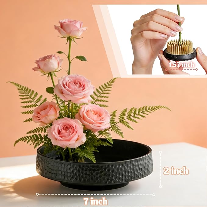 Japanese Ikebana Vase Kit, Flower Shallow Container Ceramics Ikebana Vase with 1.57inch Flower Frog and Floristry Floral Frog Kenzan Needle Straightening Tool (Hammer Pattern Bowl)