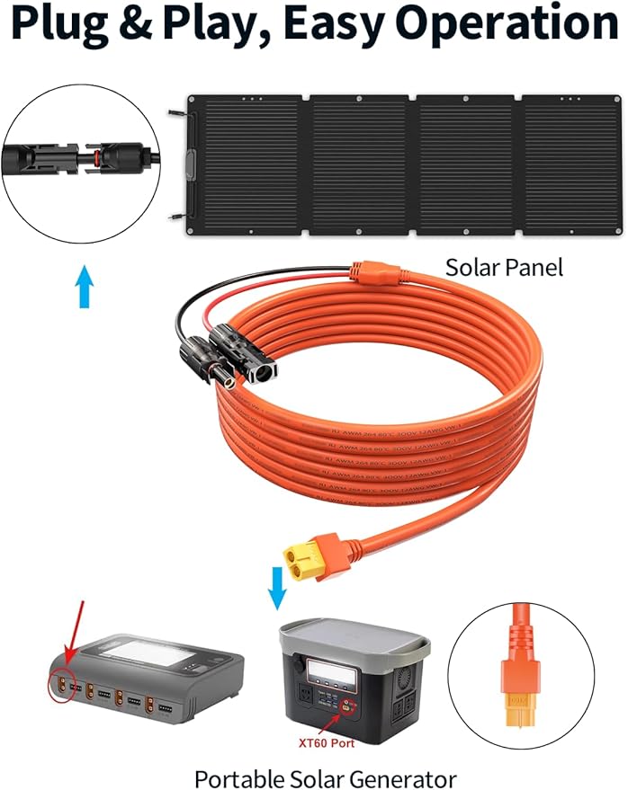 Tonton 12AWG Solar to XT60 Charge Extension Cable 26.4FT 8M, Connector Adapter for Panel, LiFePO4 Battery RV Portable Power Station Ecoflow Generator