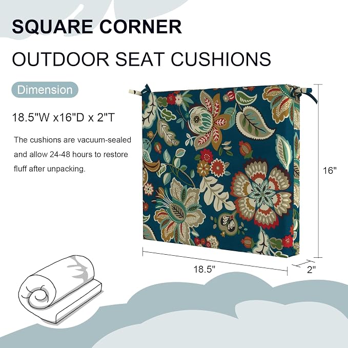 DYTXIII Set of 4 Outdoor Chair Cushions, Water Resistant 18.5"x16"x2" Square Seat Cushion for Patio Dining Chairs, High-Density Replacement Pads for Indoor Outdoor Furniture - Peacock Blue