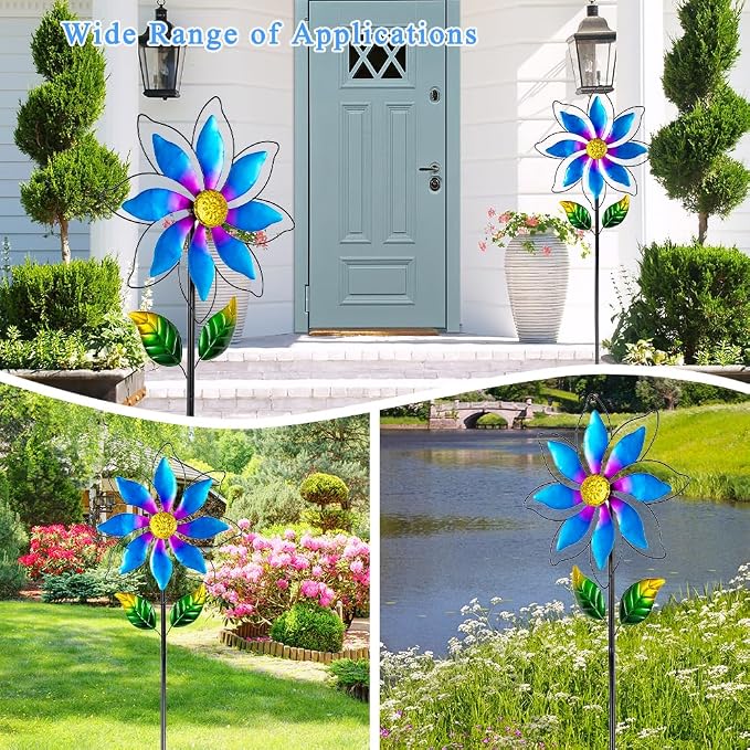 14'' Wind Spinners Outdoor, Flower Metal Garden Wind Spinners Outdoor, Kinetic Wind Sculptures & Spinners for Yard Garden Lawn Decor (Blue)