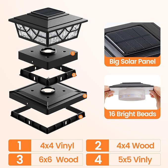 APONUO Solar Post Cap Lights 6 Pack for 4x4 5x5 6x6 Wood Vinyl Fences - IP64 Waterproof, Auto On/Off, Solar Powered Post Lights, Warm Cool White, Deck Patio Yard Decor, Black