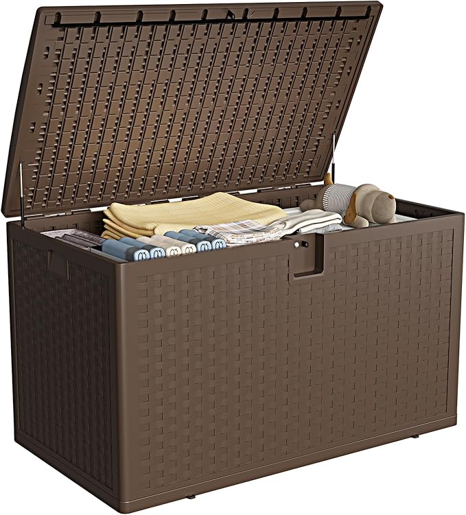 GarveeHome 120 Gallon Outdoor Storage Box – Waterproof & Lockable Deck Organizer – Large Resin Bin for Patio Furniture, Garden Tools & Pool Accessories – Sturdy Lid, Side Handles – Backyard Use, Brown