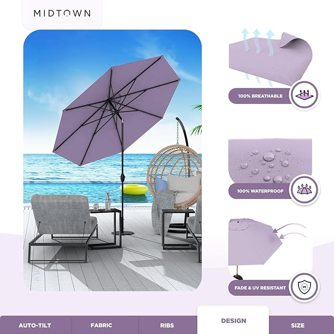 Midtown Umbrellas 10-Year-No-Fade - 8 Ft - UV Proof Purple Polyester Fabric - Umbrella Outdoor Patio, Auto-Tilt Aluminum Frame Patio Umbrella for Garden, Pool & Deck - Black Pole