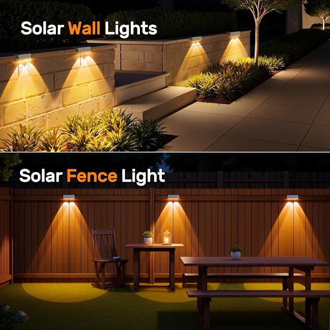 NIORSUN Solar Fence Lights,6 Pack Deck Light,Led Outdoor Lights Warm White + RGB Wall Lights Waterproof,Solar Powered Light for Backyard/Pool/Railing/Patio/Porch/Step(White)