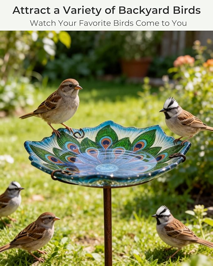 Glass Bird Bath with Stake 10.5" – Shallow Bird Bath for Outside Garden Backyard – Decorative Birdbath & Feeder for Patio Lawn – Hand-Painted Glass Water Dish, Peacock