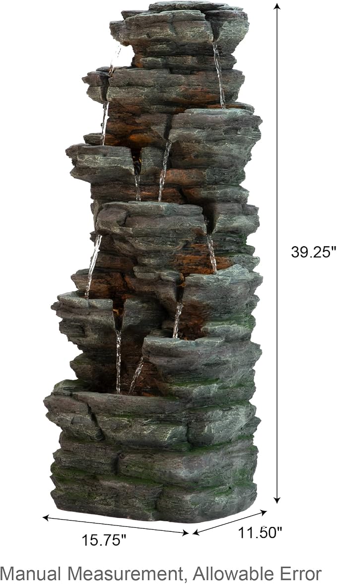 Glitzhome Outdoor Water Fountain, 9-Tiered Rock Floor Fountain with Cascading Water, 39.25" H Polyresin Waterfall Fountain with Pump and LED Light Outdoor Water Feature for Garden Yard Patio Porch