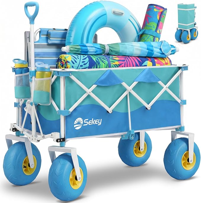 Sekey Heavy Duty Beach Wagon with 9" Big Sand-Proof Wheels – 600lb Capacity, 200L Oversized Foldable Cart | Adjustable Handle & All-Terrain Tires for Sand, Camping, Groceries