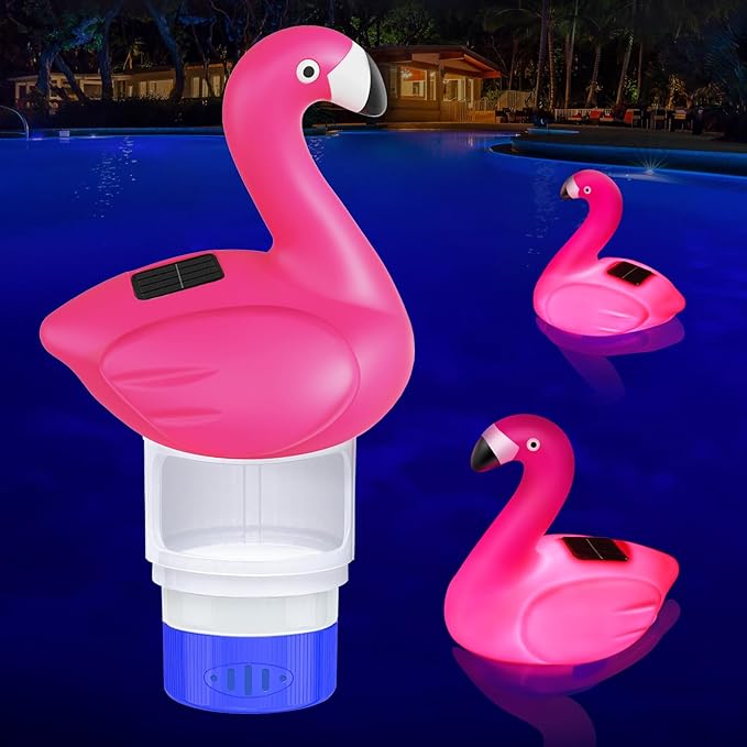 Pool Chlorine Floater, 9 in Flamingo Chlorine Floater with Light, Solar Chlorine Floater w/Adjustable Flow, Large Size Chlorine Tablet Floater, Floating Chlorine Dispenser for Pool Hot Tub