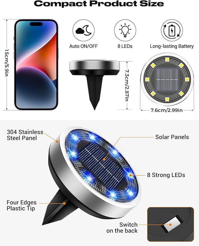 btfarm 16 Pack Solar Lights Outdoor, 8 LED Solar Ground Lights IP65 Waterproof Flat Solar Disc Light, Pathway Lights for Garden Patio Yard Christmas Decorations, Red+Blue+Cool White+Warm White