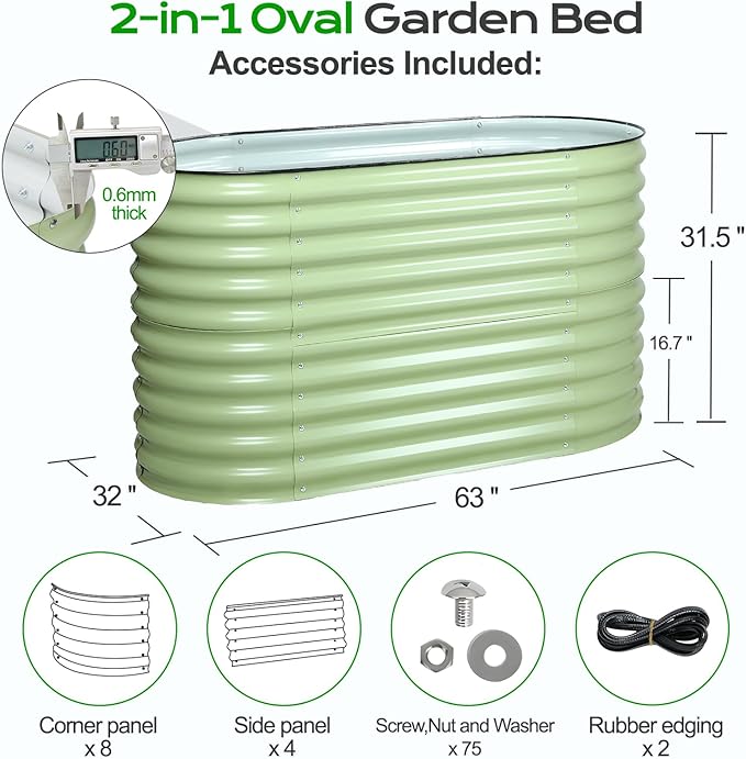 Aoodor 2-in-1 Modular Aluzinc Metal Raised Garden Bed, 63" L x 32" W x 32" H, Outdoor Planter Box for Vegetables, Flowers, and Herbs, Olive Green