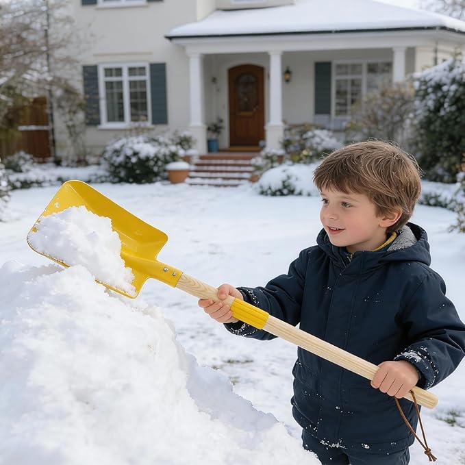 2 Pcs Kids Rake and Shovel Set,28" Toddler Size Metal Snow Shovel & Leaves Rake with Wooden Handle,Real Gardening Tools for Child Age 3 for Little Helpers in Winter Yard Fun