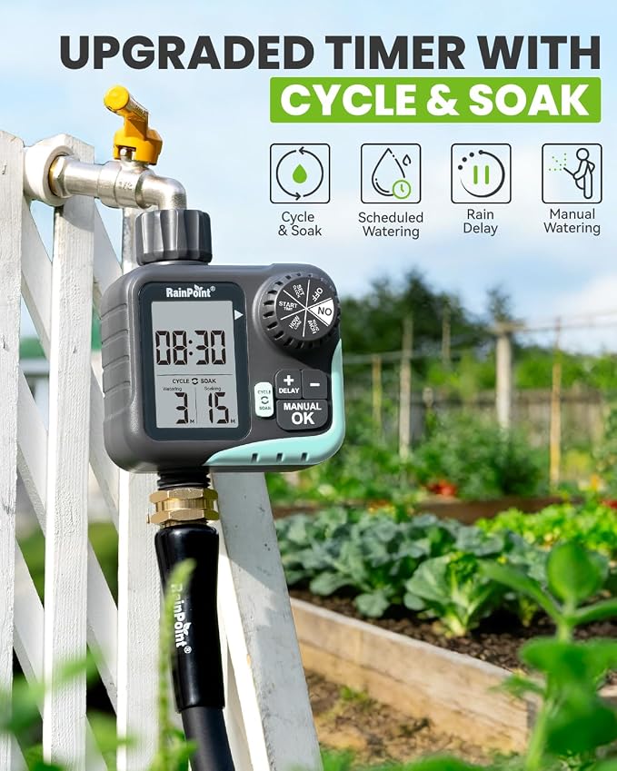 RAINPOINT Sprinkler Timer - Cycle & Soak Hose Timer for Garden Hose with Automatic Watering/Manual Watering/Rain Delay, Programmable for Irrigation System, Lawn, Yard, Outdoor