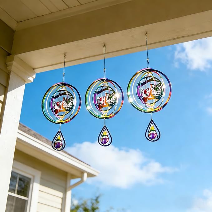 Stainless Steel Owl Reflective Spinners Deterrent Scarecrows to Scare Keep Woodpecker Pigeon Hawk Away from House Rainbow Wind Spinners for Outside Outdoor Gifts for People with Dementia Sun Catcher