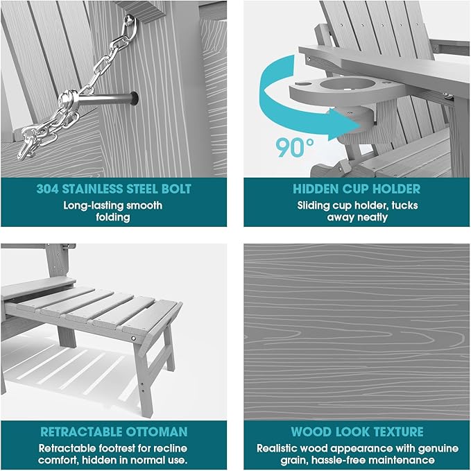THOEOE Folding Adjustable Adirondack Chairs with Ottoman & 1 Cup Holders Set of 2, HDEP Multifunctional Adirondack Chair with Footrest,Grey