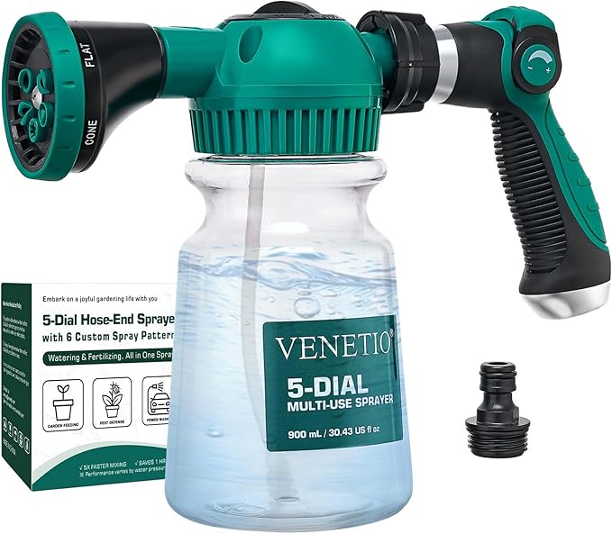 VENETIO 5-Dial Hose-End Sprayer - 6 Adjustable Spray Patterns Nozzle & 30oz Refillable Bottle for Liquid Fertilizer, Weed Killer & Soap | Lawn, Garden, Car Wash & Outdoor Cleaning Versatile Spray Gun