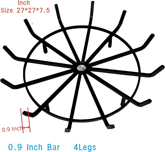 Fire Pit Grate with Poke Wrought Iron Fire Pit Round Spider Wagon Wheel Firewood Heavy Duty 0.9in Bar Fireplace Stove Burning Rack Holder 4Legs r (27 Inch)